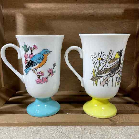 Fred Roberts Vintage Song Birds Set of Two Pedestal Coffee Mugs - Irish Coffee - Picture 5 of 10